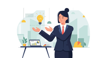 A professional woman in a suit stands in a modern office presenting a glowing lightbulb idea next to a laptop showing business data. © Samsul