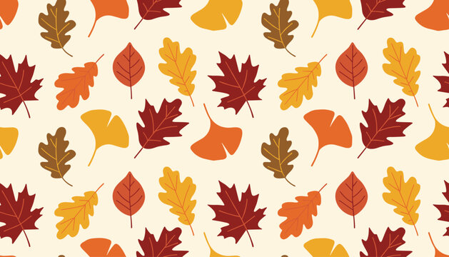 Seamless pattern with colorful autumn leaves including oak, maple, and ginkgo on a light cream background.