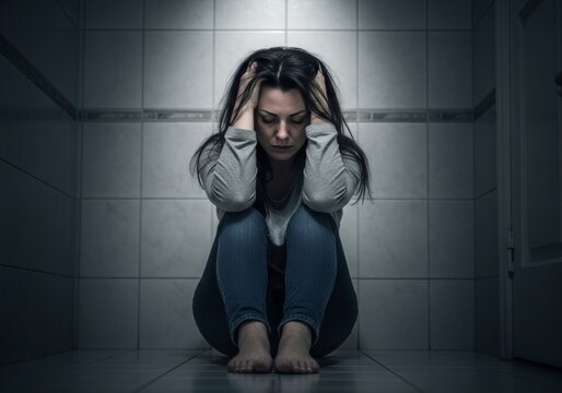 Sad woman sitting on bathroom floor with hands on head. Depressed female character experiencing mental health struggle. Emotional pain, loneliness, and psychological distress concept.
