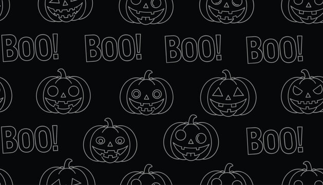 Seamless Halloween chalkboard style pattern with white outline pumpkins and boo text on a black background.