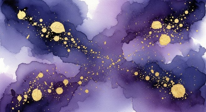 Abstract purple watercolor background with gold paint splashes. Artistic hand-painted texture with luxury metallic glitter. Creative design element for stationery, wedding card and invitation.