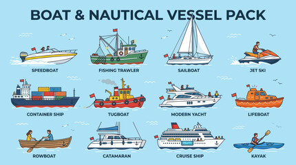 Diverse Nautical Vessels Collection: Speedboat, Sailboat, Yacht, Cruise Ship, Kayak © febri