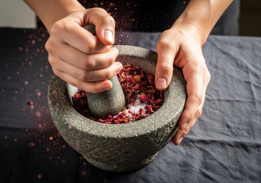 Woman grinding dried rose petals and sea salt in stone mortar. Preparation of herbal remedy or culinary ingredient. Concept of organic skincare and aromatherapy production.