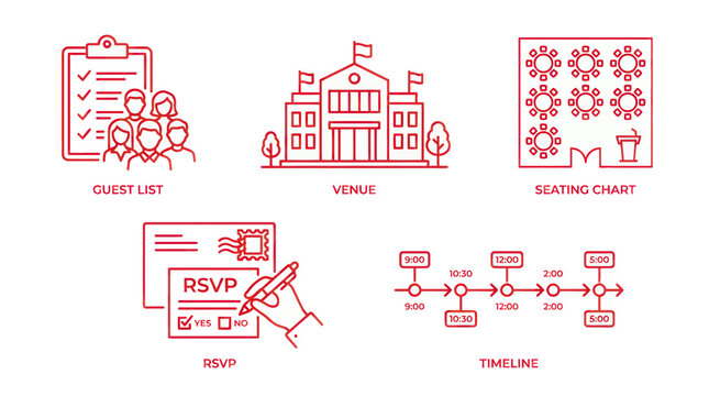 Event Planning Icons: Guest List, Venue, Seating Chart, RSVP, Timeline