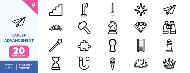 Career Ascension Symbols icon set. Containing hourglass, knight, gemstone, magic wand, puzzle piece, keyhole, and more. Editable stroke. Vector illustration. © Deezora