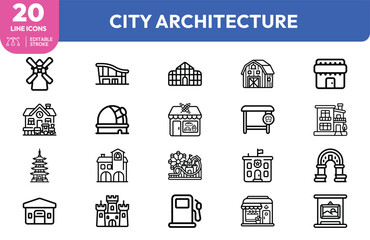 Diverse Urban Architecture icon set. Containing windmill, residential house, shop, observatory dome, gas station, apartment block. Editable stroke. Vector illustration. © Deezora