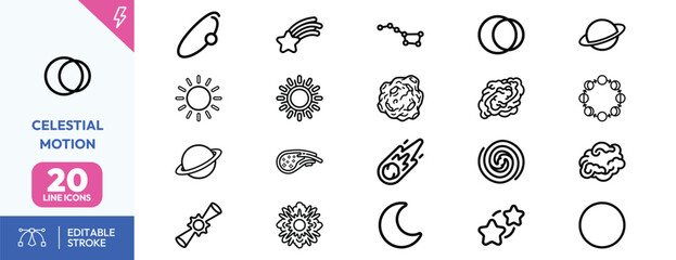 Cosmic Dynamics icon set. Containing moon phases, meteor shower, spiral , comet, asteroid cluster, shooting star. Editable stroke. Vector illustration. © Deezora