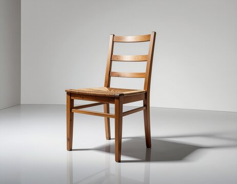 Wooden study chair sits alone in a minimalist room with a woven seat and backrest, exuding simplicity and elegance.