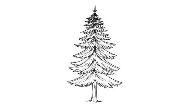 Isolated hand-drawn pine tree silhouette with detailed needles and trunk on a plain background