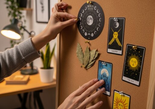 Woman organizing tarot cards and moon phase chart on cork board. Esoteric practice and divination planning. Spiritual hobby and mystical wall decoration for home office interior space.