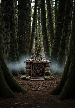 Small stone and wooden hut with conical roof in misty dark forest. Fairy tale woodland dwelling. Magical cottage construction style. Mysterious outdoor scenery for fantasy theme concept.