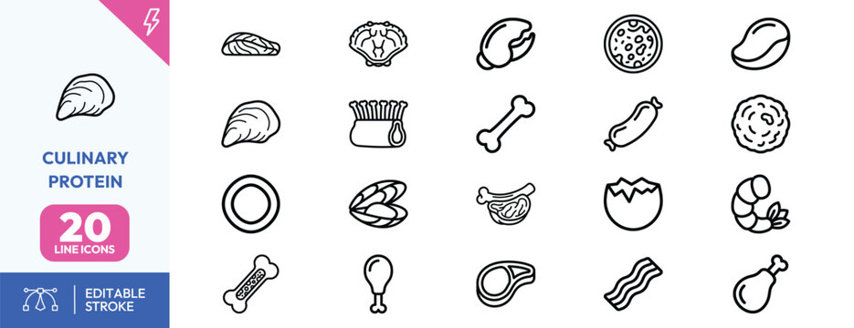 Food Protein Variety Line Art icon set. Containing meatball, fish fillet, chicken drumstick, pork chop, beef patty, shrimp, egg, bacon, clams, mushroom, tofu. Editable stroke. Vector illustration.
