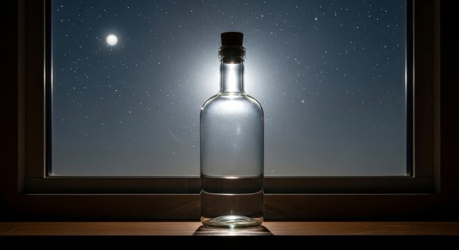 Glass bottle with cork stopper standing on windowsill at night. Full moon and starry sky visible through window. Concept of mystery, magic, dreams and peaceful quiet atmosphere.