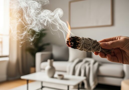 Woman hand holding burning sage smudge stick to cleanse home energy. Smudging ritual for spiritual healing and meditation. Mindfulness practice for relaxation and mental peace atmosphere.