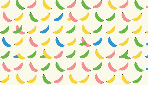 Colorful seamless pattern of bananas in yellow, green, pink, and blue shades pointing in various directions on a cream background.