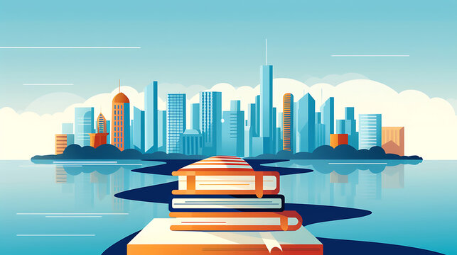 Flat vector landscape of book stack reflecting in water with city skyline for peaceful learning reading and online education commercial posters