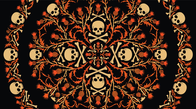 Symmetrical skull and crossbones pattern with thorny thistles in ornate flat vector style for gothic apparel branding