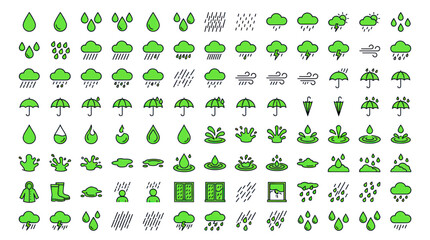 Fototapeta premium Weather Icons Set: Rain, Clouds, Umbrellas, Wind, Lightning, Boots