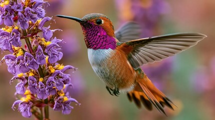 Obraz premium Hummingbird hovering near flower wings blurred motion vivid c