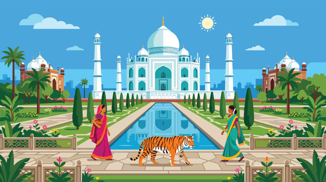 Taj mahal india landmark featuring majestic bengal tiger and women in saris in vibrant flat vector for travel agency marketing