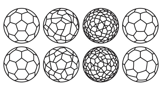 Assorted soccer balls showcasing black and white pentagonal patterns arranged in a grid for a sport themed composition.