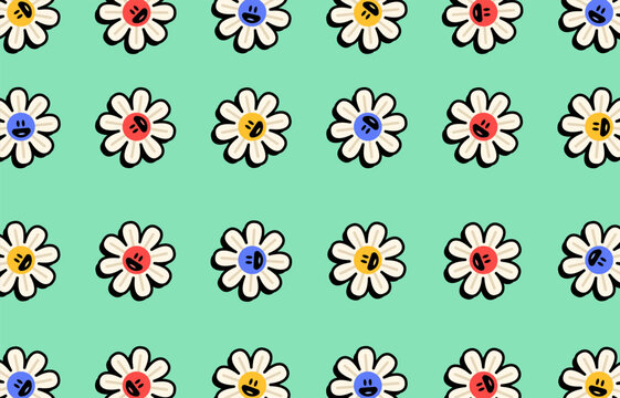 Daisy flowers with colorful smiling faces arranged in a seamless repeating pattern hand drawn cartoon vector clipart ideal for textiles, wallpapers, wrapping paper, and surface design.