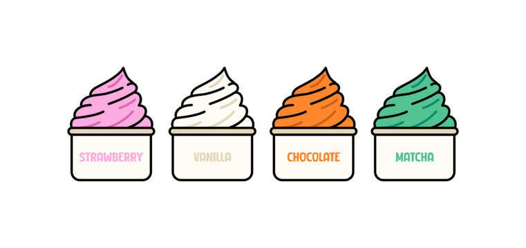 Hand drawn soft serve ice cream cups featuring strawberry, vanilla, chocolate, and matcha flavors. Cute cartoon vector clipart perfect for dessert, cafe, menu, and food-themed designs.