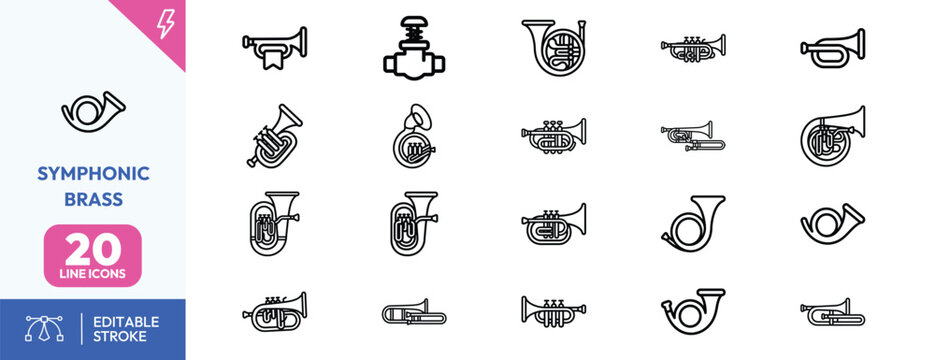 Brass Ensemble Instruments icon set. Containing trumpet, trombone, tuba, french horn, mellophone, euphonium, cornet, sousaphone, bugle, saxhorn. Editable stroke. Vector illustration.