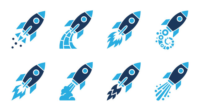 Blue rocket launch startup icons