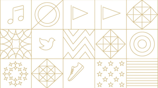 Geometric icons and decorative patterns arranged in a beige mosaic tile collage.