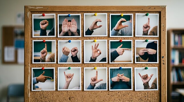 Sign Language Alphabet Displayed on Corkboard in Classroom