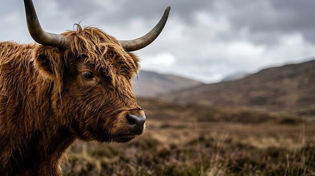 Majestic highland cow portrait in a moody mountain landscape