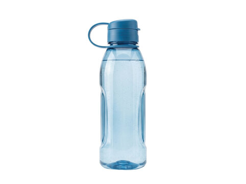 A clear blue plastic water bottle with a blue cap on a white background