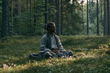 Fototapeta premium Meditation session in forest clearing soft natural light sere