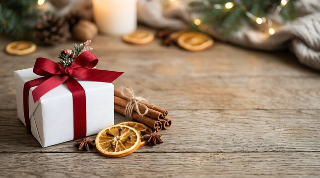White christmas gift box with red ribbon on rustic wooden table