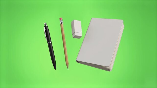 A minimal 3D composition of essential school and office supplies featuring a black ballpoint pen, a wooden graphite pencil, a white rubber eraser, and a blank closed notebook. The realistic stationery