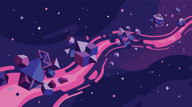 Cosmic geometric shards drifting across vibrant nebula in flat design vector style for science fiction gaming