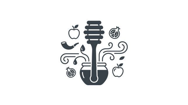 Rosh Hashanah Honey Pot Icon with Traditional Holiday Symbols