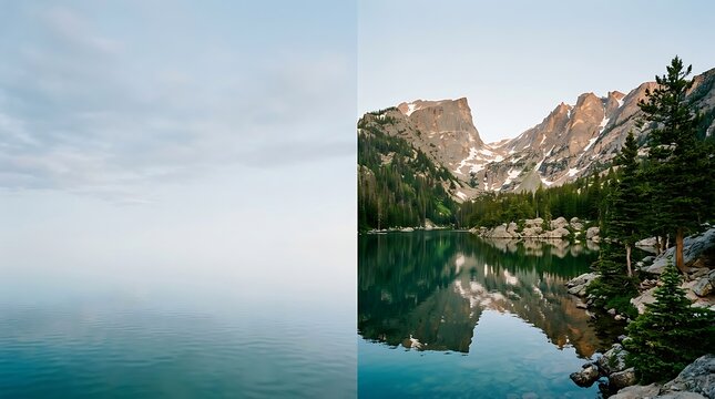 Peaceful mountain lake diptych comparing misty and clear views