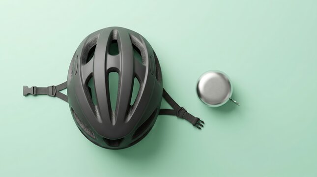 Sleek black bicycle helmet displayed alongside polished silver bell on smooth pastel green surface, highlighting essential gear for safe and enjoyable cycling adventures.
