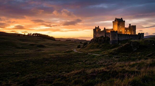 Historic stone castle illuminated at dusk in the rolling countryside