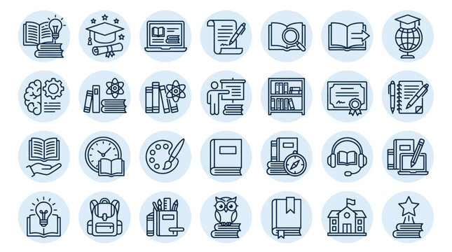 Education Icons Set: Learning, Knowledge, Books, Graduation, Science, Art, School