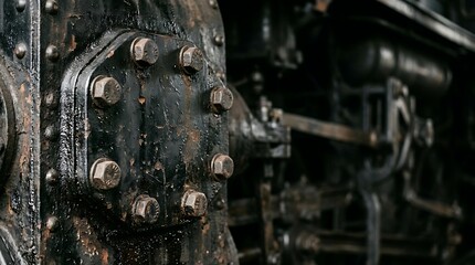 Fototapeta premium Close up of vintage steam engine bolts and mechanical parts
