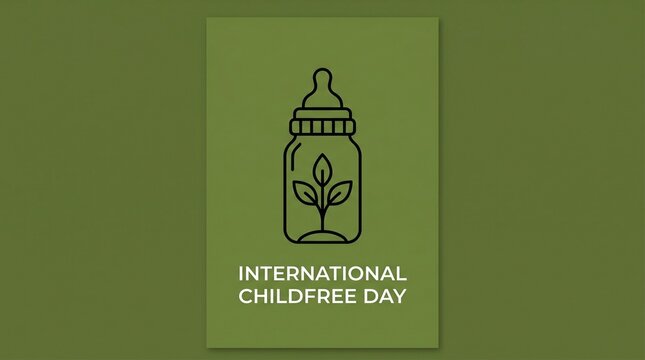 International Childfree Day conceptual poster, baby bottle with growing plant icon on green background, voluntary childlessness awareness graphic
