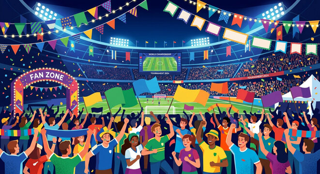 Vibrant stadium crowd, colorful fans waving flags, lively sports event, festive atmosphere, arena scene