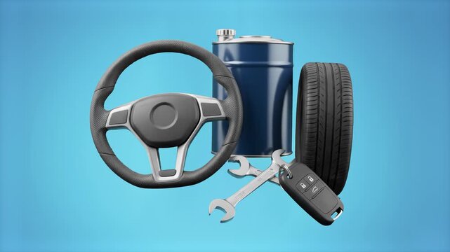 A 3D rendered grouping of car maintenance elements including a steering wheel, an engine oil barrel, a rubber tire, a hand tool wrench, and an electronic key. The collection is set against a vibrant, 