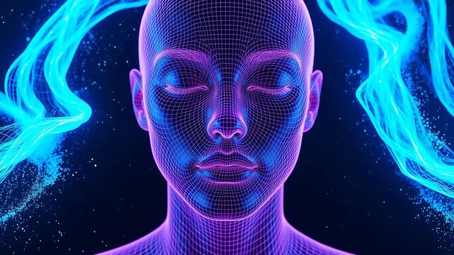 Digital wireframe face with glowing hair