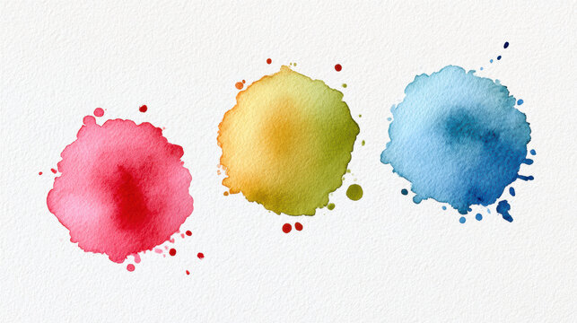Watercolor paint splashes red, yellow, and blue textured paper create vibrant and artistic abstract background with soft edges Watercolor Style