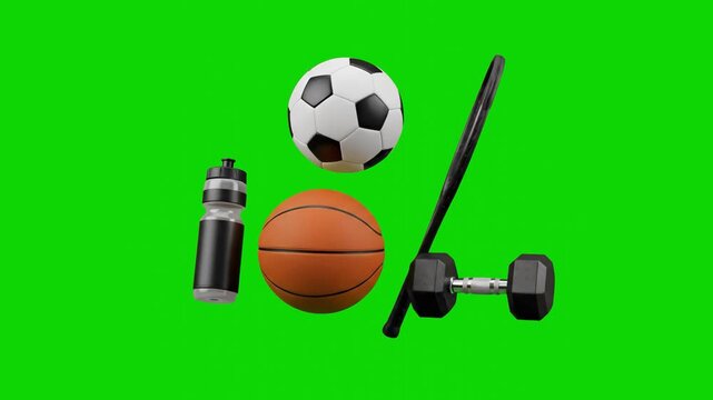 A diverse collection of athletic gear including a soccer ball, basketball, tennis racket, dumbbell, and water bottle floats together over a chroma key green background. This 3D animated asset is perfe