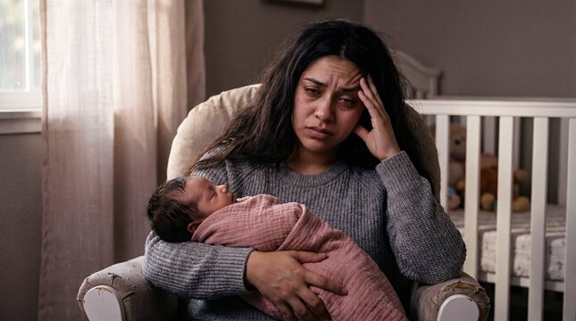 Exhausted New Mother Crying While Holding Sleeping Newborn Baby in Nursery
